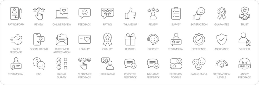 Customer feedback line icon set. Featuring online review, customer appreciation, rating survey, and rapid response. Vector icons for presentations, reports, and feedback apps.