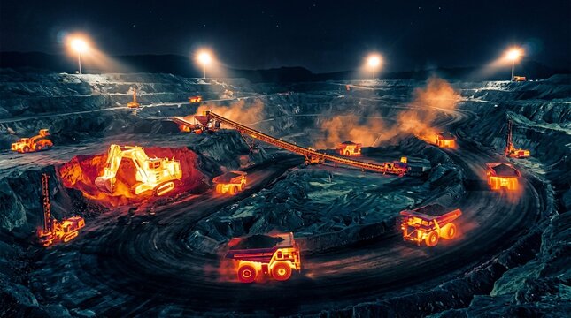 Industrial mining operation with heavy machinery working at night.