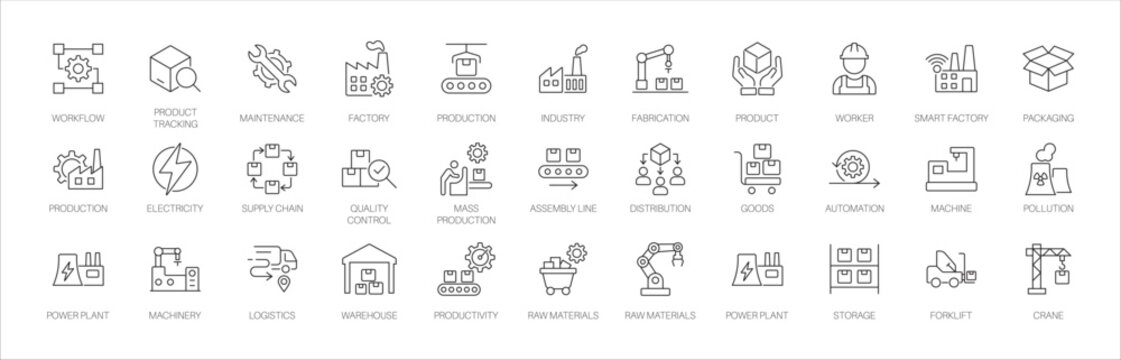 Factory line icon set. Featuring smart factory, assembly line, quality control, and mass production. Vector icons for reports, presentations, and inventory apps.