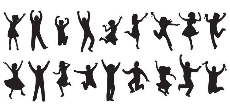 Group of happy people jumping and celebrating vector silhouettes vector illustrator eps10