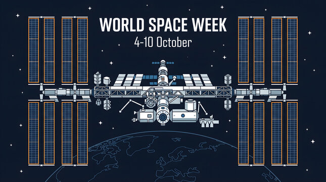 World Space Week celebration banner with International Space Station illustration and Earth background.