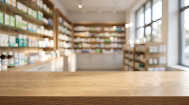 Wooden pharmacy checkout counter with vase and blurred medicine shelves wellness store health care pharmacy interior pharmacy drugstore medicine interior business