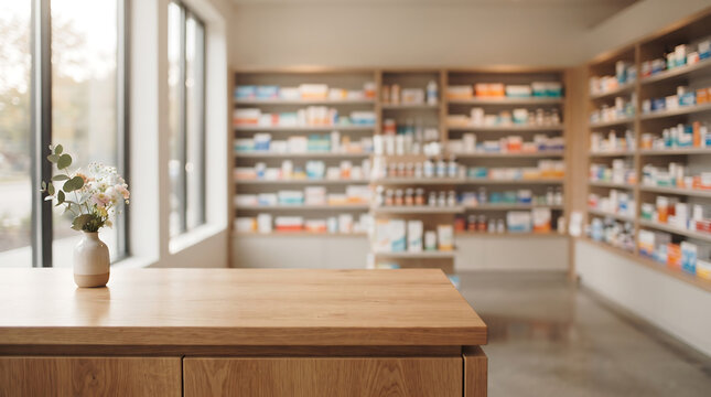 Professional wooden counter with decorative vase in soft focus pharmacy interior featuring various medicine boxes on wooden shelves and warm ambient indoor illumination.