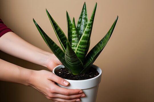Hands cradle a potted snake plant. Green leaves contrast with soft beige background.