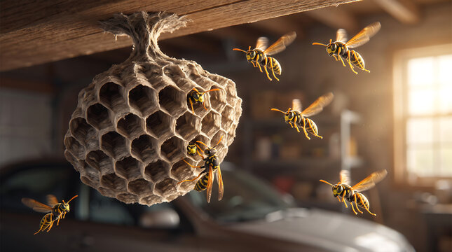 Close-up of active paper wasp nest with insects flying. Macro view of hornet hive and swarming yellow jackets on honeycomb structure.