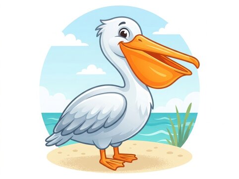 Cute cartoon pelican bird standing on a sandy beach near the ocean with a bright blue sky and fluffy white clouds in the background
