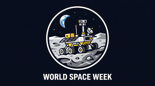 World Space Week emblem featuring a lunar rover exploring the moon surface.