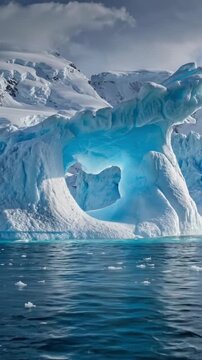 majestic natural heart shaped ice arch formation wilderness scenic travel landscape background blue glacial ice cave frozen world extreme cold environment water reflection