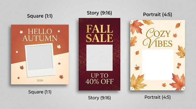 Autumn social media templates with fall sale promotion, cozy vibes aesthetic marketing set, square and portrait layout collection for digital advertising