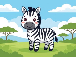 Obraz premium Cute little zebra cartoon standing in a green savannah landscape with blue sky and acacia trees
