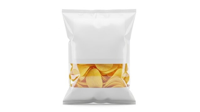 Pile of yellow corn tortilla chips in clear plastic bag