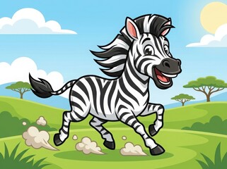Obraz premium Happy cartoon zebra running fast through the sunny african savanna landscape