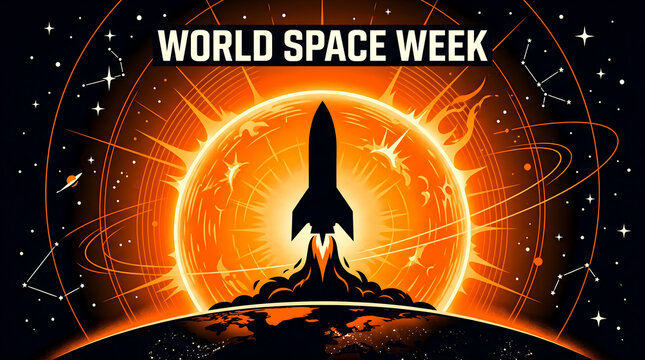 World Space Week celebration banner with a rocket launching from a planet towards the sun.