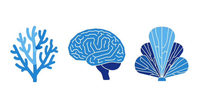 Abstract Blue Brain, Coral, and Leaf Icons on White Background