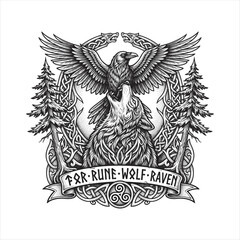 Fototapeta premium Intricate Viking tattoo illustration featuring a howling wolf beneath a soaring raven, framed by Celtic knotwork, Nordic symbolism, and pine trees in detailed black and white engraving style