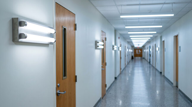Institutional corridor featuring bright led tube lights on white walls and light brown wooden doors along long perspective walkway with polished grey stone flooring.