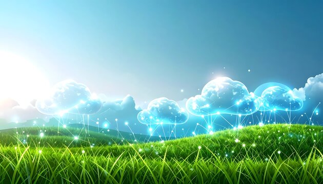 Serene green field with fluffy white clouds in blue sky.