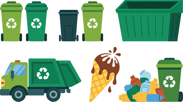 Waste management recycling vector elements set, garbage truck bin dumpster trash collection flat concept illustration