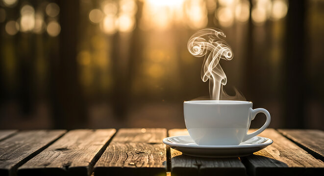A pristine white ceramic coffee cup and saucer sit on a rustic wooden table with steam rising.
