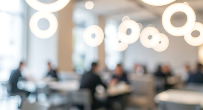 Soft focus interior with circular lights and blurred figures at tables