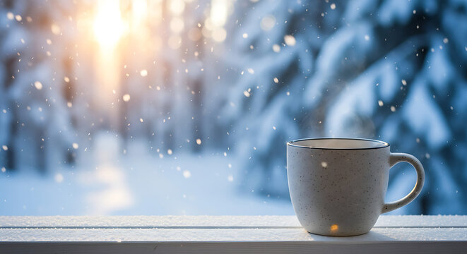 A warm mug sits on a snow-covered ledge with falling snow outside.