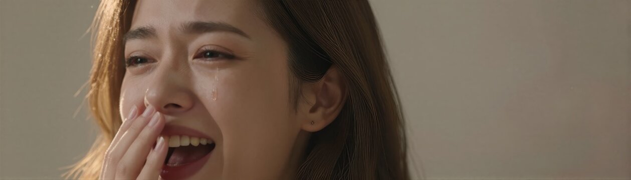 Close Of Individual With Face Partially Obscured By Hand Held To Mouth In Gesture Surprise Contemplation Person Long Straight Hair