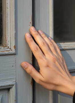 Depicts Human Hand Pressing Against Surface Of Aged Door With Peeling Paint Skin Tone Light Brown Indicating Caucasian Ethnicity