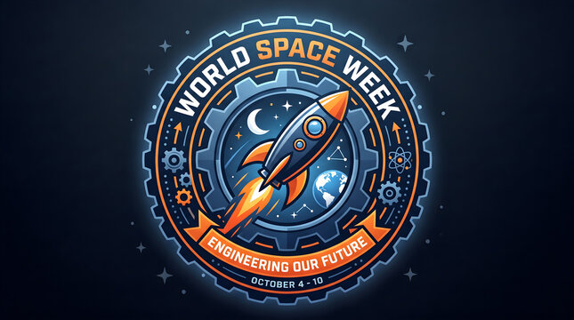 World Space Week emblem with a rocket and gear design for engineering our future.