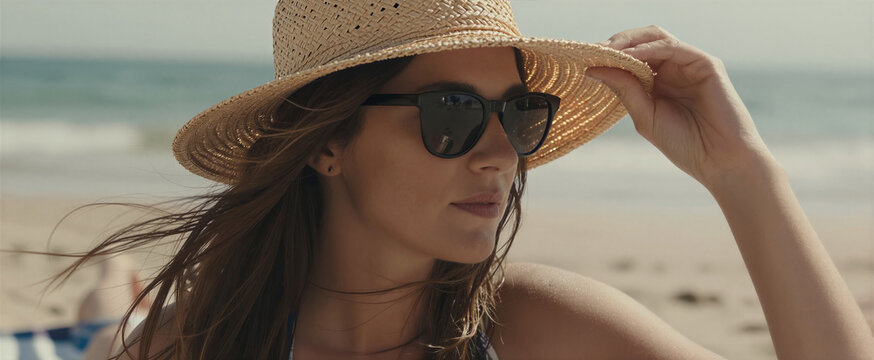 Woman As Main Subject Positioned In Profile Against Of Focus Beach Backdrop To Middle Aged With Fair Skin Wearing Dark Sunglasses
