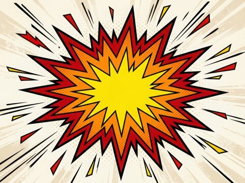 Bright comic book explosion burst shape with colorful red orange and yellow colors for action graphics and speech bubbles
