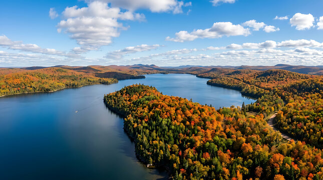 Aerial view of a calm lake surrounded by hills covered in vibrant autumn foliage.