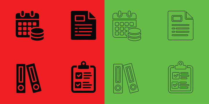 Office document, calendar, and binder with coin and checklist symbols in solid and outline styles on split