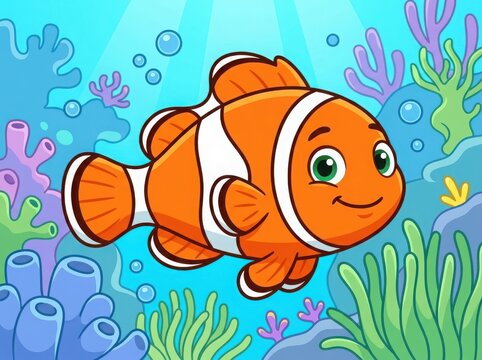 Cute orange clownfish swimming in the deep blue ocean with colorful coral reefs and aquatic plants in a fun cartoon style