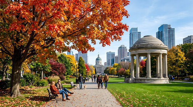Vibrant maple tree in a city park with autumn foliage and modern buildings