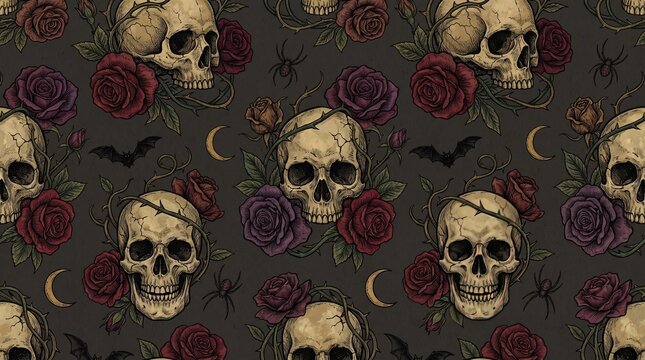 Seamless pattern featuring human skulls red roses and crescent moons on a dark gothic style background design