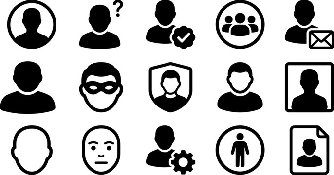 Set of black and white user profile icons representing various account settings and identity management concepts