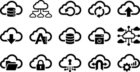Obraz premium Set of fifteen black cloud computing icons representing data storage network security and digital cloud technology services