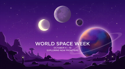 Fototapeta premium World Space Week celebration banner with planets and stars on a purple cosmic background.