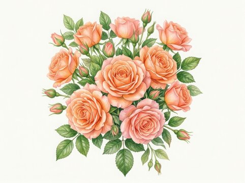 Beautiful bouquet of peach roses with green leaves for wedding floral decoration and romantic greeting card design