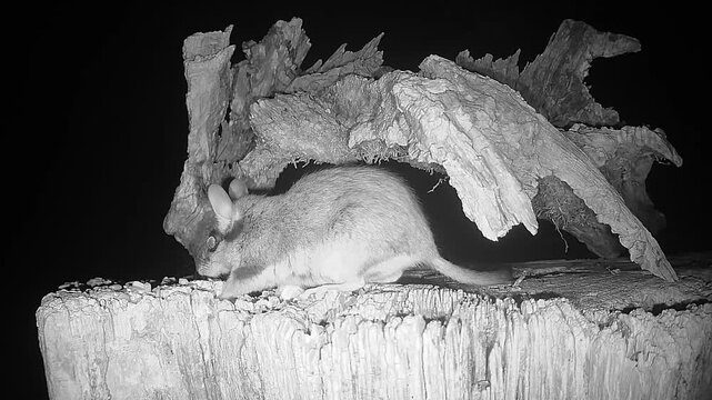 Gartenschl&auml;fer nachts an seiner H&ouml;hle (Eliomys quercinus)