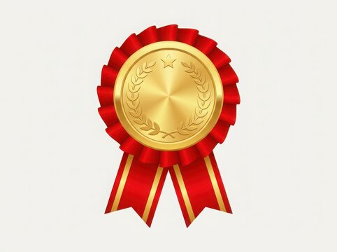 Shiny gold medal award with a decorative red fabric ribbon rosette for winning first place in a competition or sports event