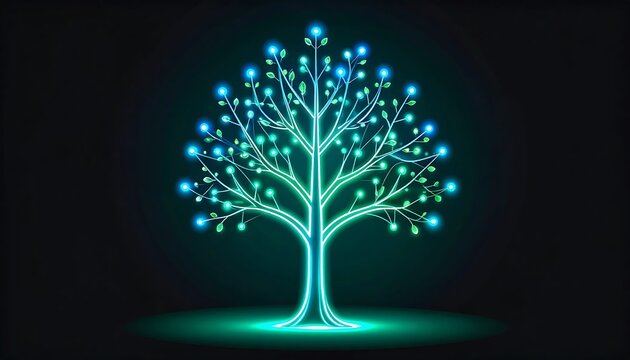 Glowing digital tree with bright green leaves and blue background.