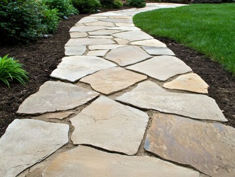 winding stone pathway bordered by green grass and mulch, surrounded by plants and shrubs in a garden setting.
