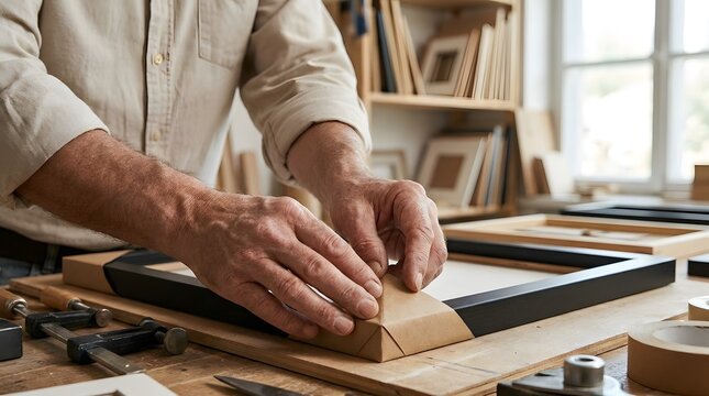 Close-up of a Craftsman Fitting Protective Paper Corner to a Picture Frame in Professional Studio
