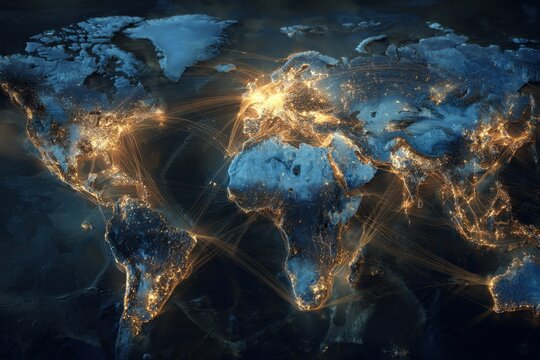 Geopolitical map of the world showing countries, cities, and connections illuminated at night