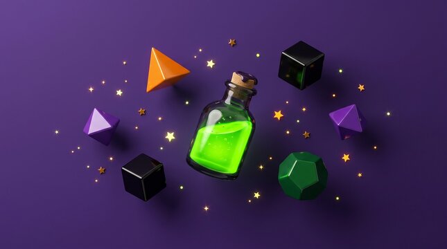 3d render of a magic potion bottle surrounded by floating geometric shapes and glowing stars on a purple background