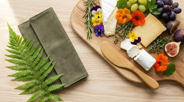 Gourmet cheese platter with grapes and edible flowers.