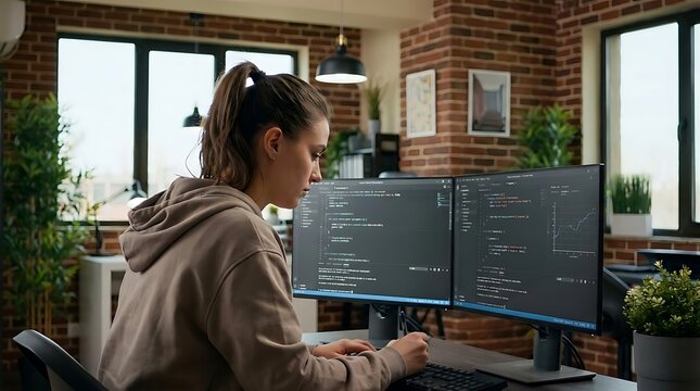 Woman coding software on dual screen monitors.