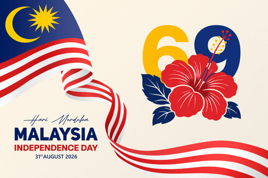 Independence Day Malaysia background with the official 69th celebration theme and Hibiscus flower emblem. Perfect for poster, banner, and social media post for 31 August 2026.