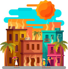 Naklejka premium Colorful city buildings under a blazing hot sun with visible orange heat waves